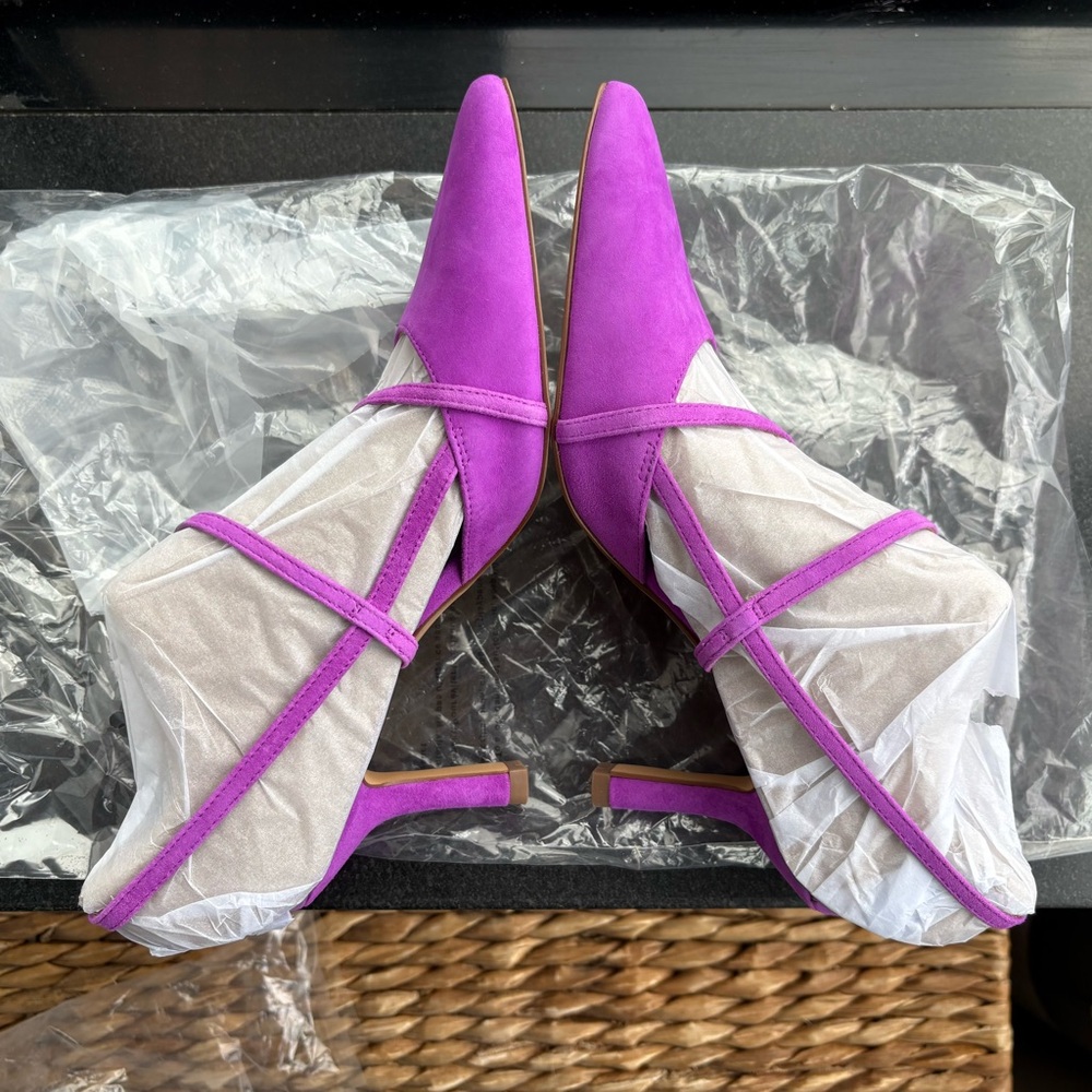 ANN TAYLOR Strappy Asymmetrical Suede Pumps‎ Heels In Neon Fuchsia Size US 6.5 - Picture 7 of 9